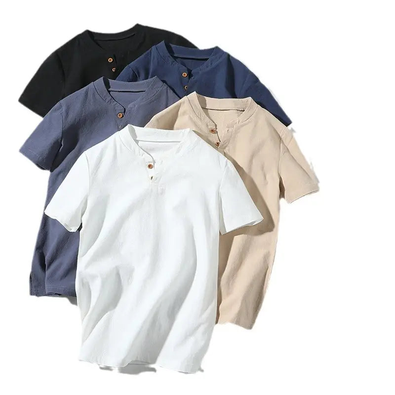 Men's Cotton Linen Henley Shirt Summer White