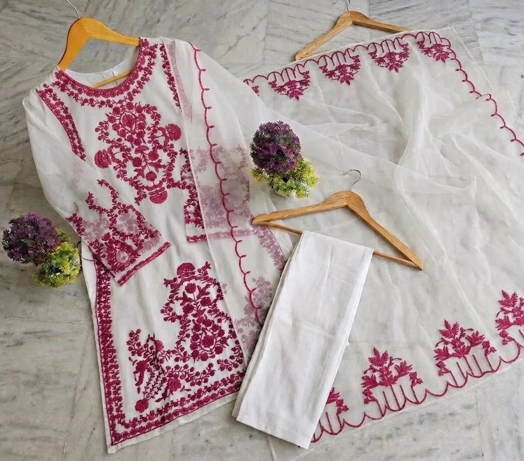 3 Pcs Women's Stitched Organza Embroidered Suit