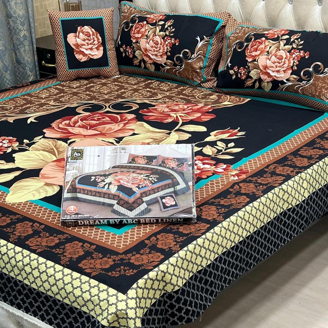 Crystal Cotton Floral Double Bedsheet Set Black 4Pc