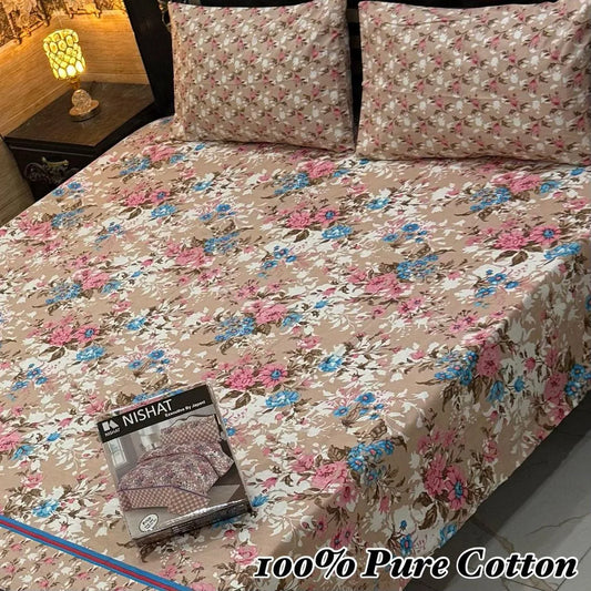 100% Pure Cotton Floral Bedsheet Set Brown Pink Blue