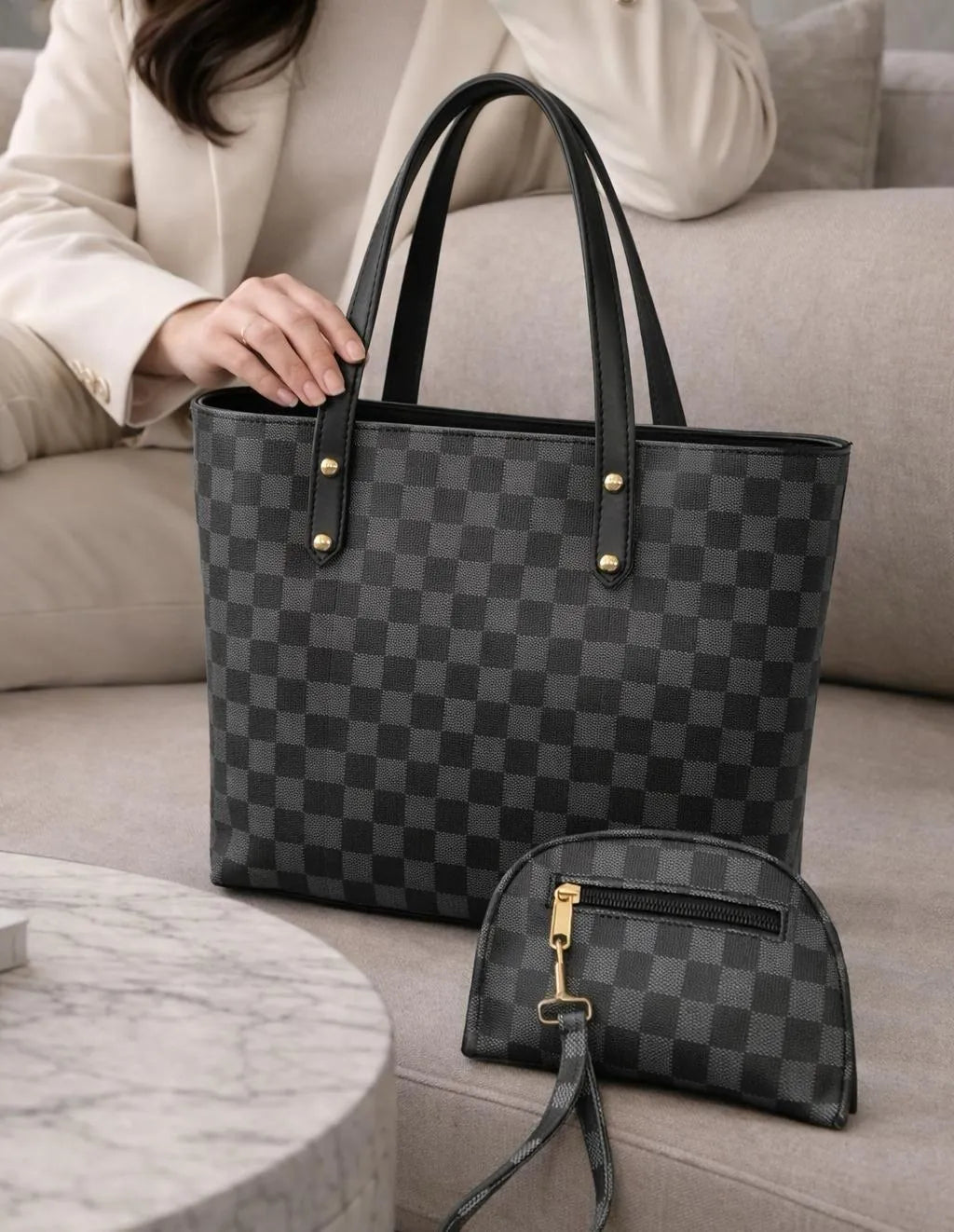 Women's Black Checkered Leather Handbag Set