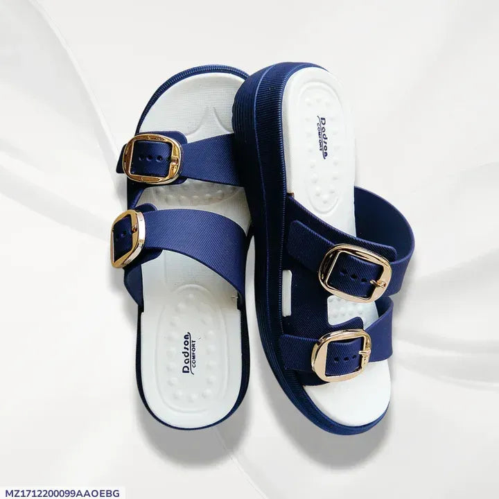 Women's Blue Rexine Fancy Slides with Gold Buckles