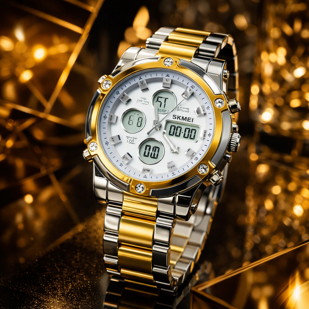 SKMEI 1389 Men’s Digital Analog Business Watch – Two-Tone Gold & Silver Stainless Steel Chronograph With Matte White Dial - Without Box.