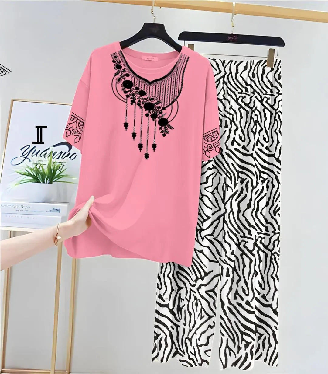 Pink Floral Embroidered 2-Piece Night Suit with Zebra Print