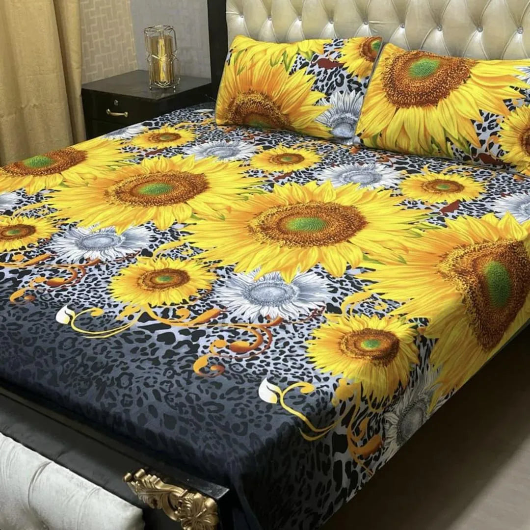 Crystal Cotton Printed Double Bedsheet Set Blue White Golden Floral