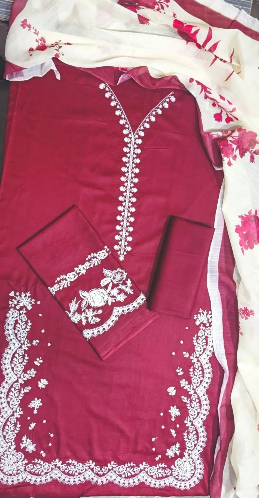 Maroon Embroidered Kurta Set with Floral Shawl