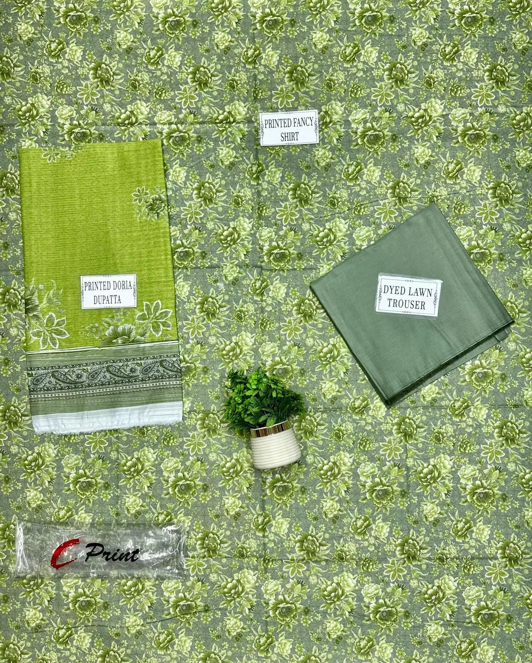 Green Floral Printed 3-Piece Lawn Suit for Women