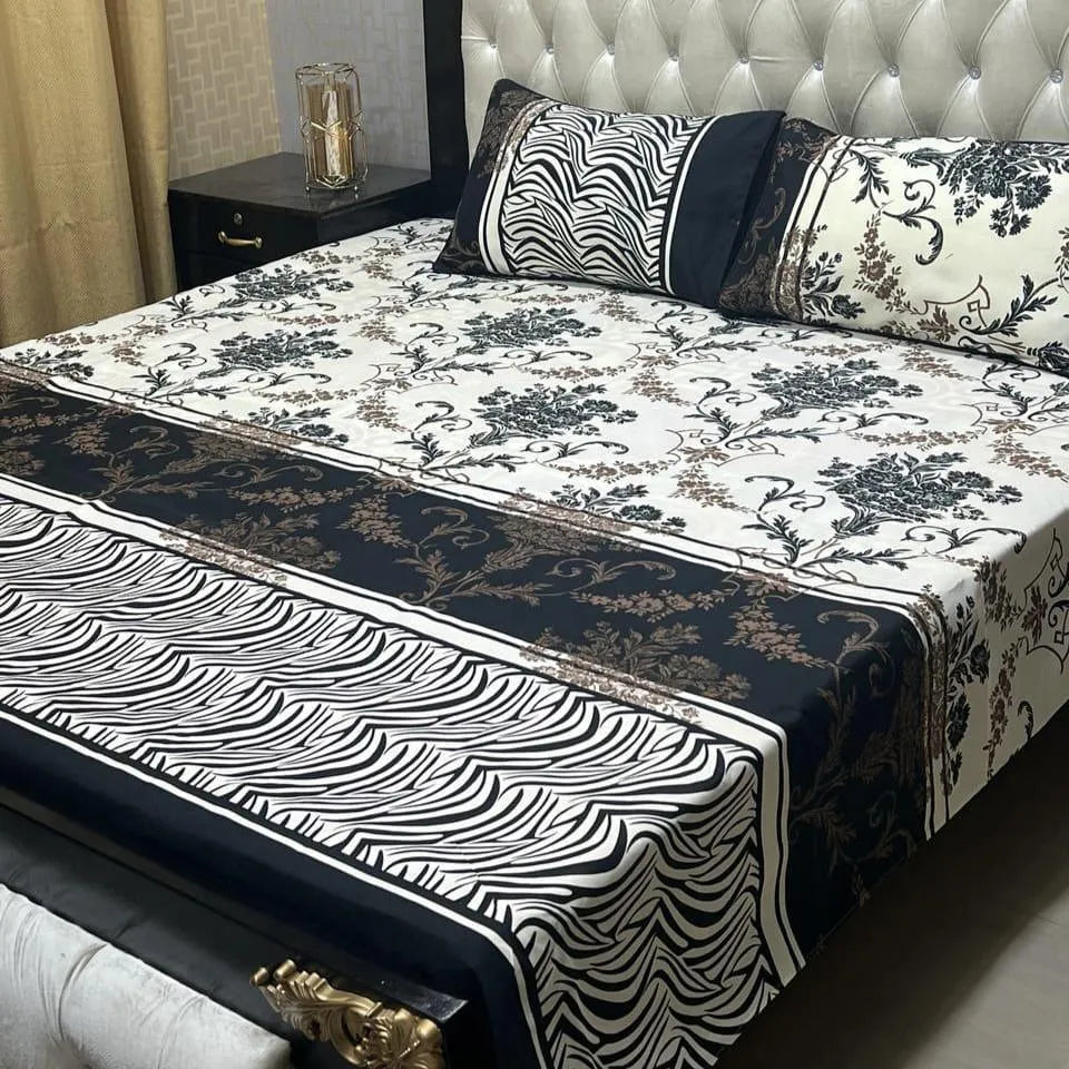 Crystal Cotton Double Bedsheet Set Black White Floral Zebra Stripes