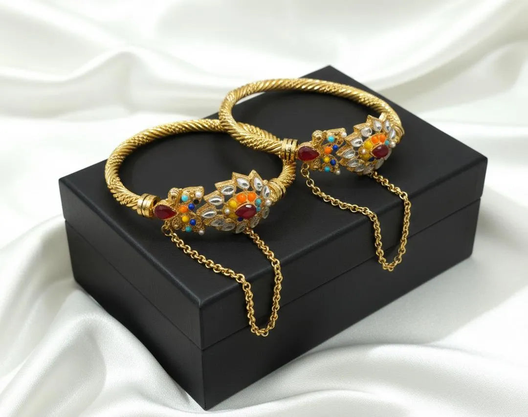 Gold Toned Gemstone Bangles Set for Weddings & Parties