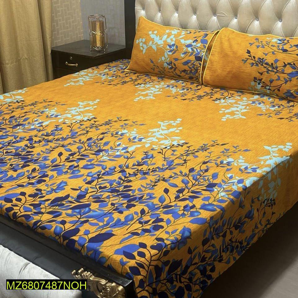 Crystal Cotton Double Bedsheet Set Mustard Yellow Floral Print