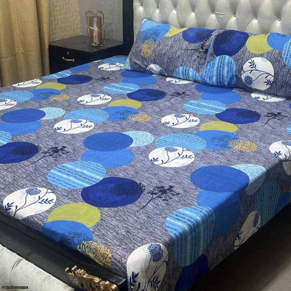 Crystal Cotton Double Bedsheet Set Blue Floral Pattern