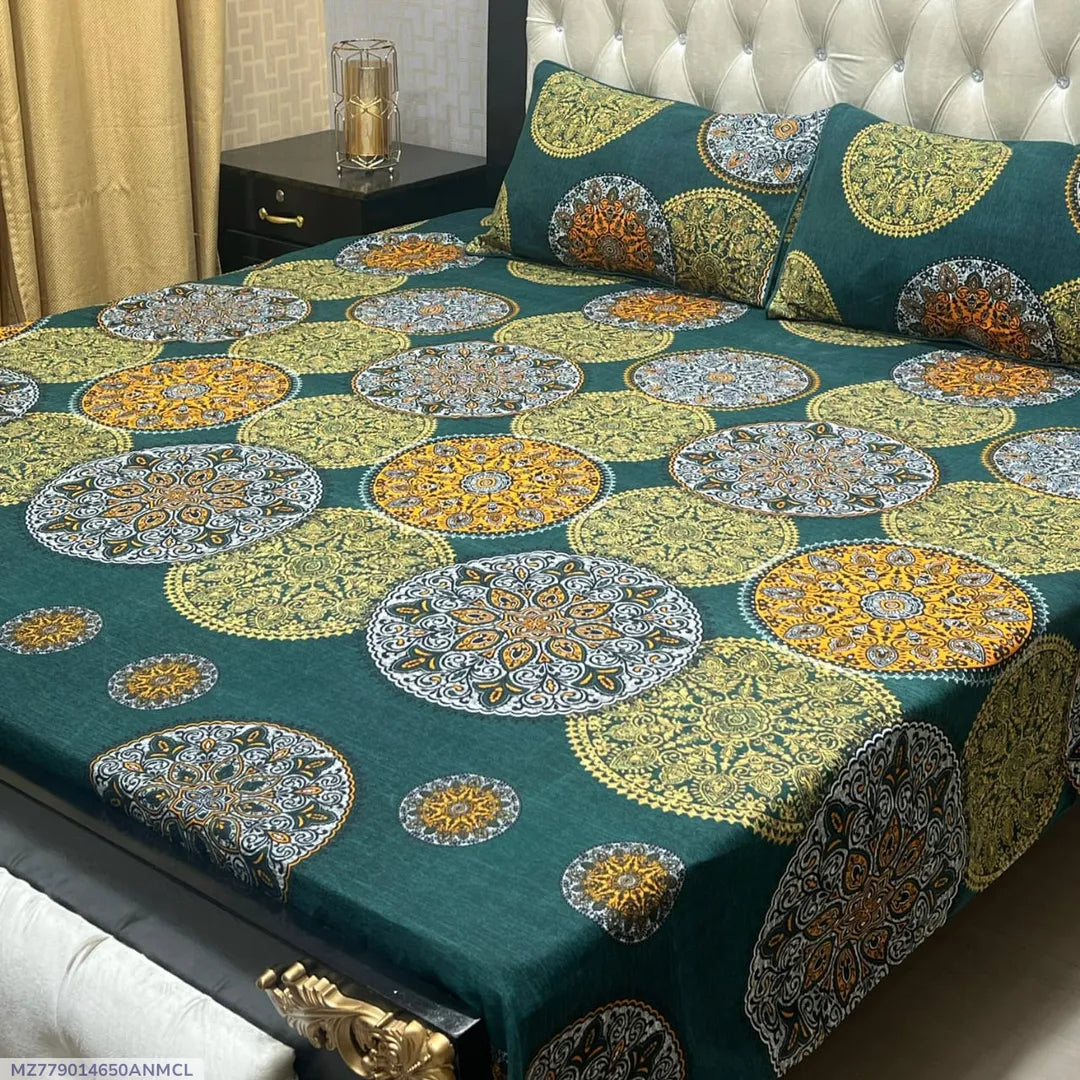 3 Pcs Crystal Cotton Printed Double Bedsheet