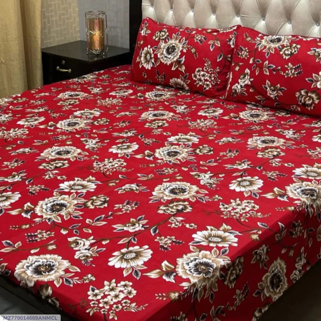 3 Pcs Crystal Cotton Printed Double Bedsheet