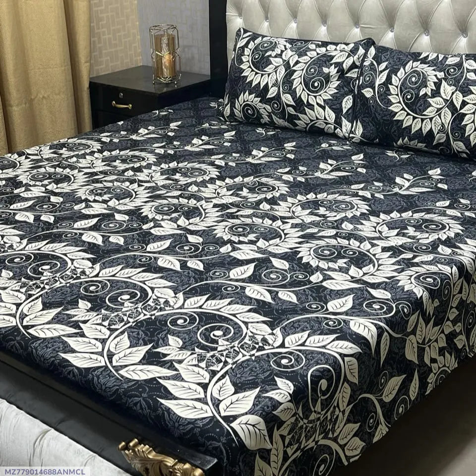 3 Pcs Crystal Cotton Printed Double Bedsheet
