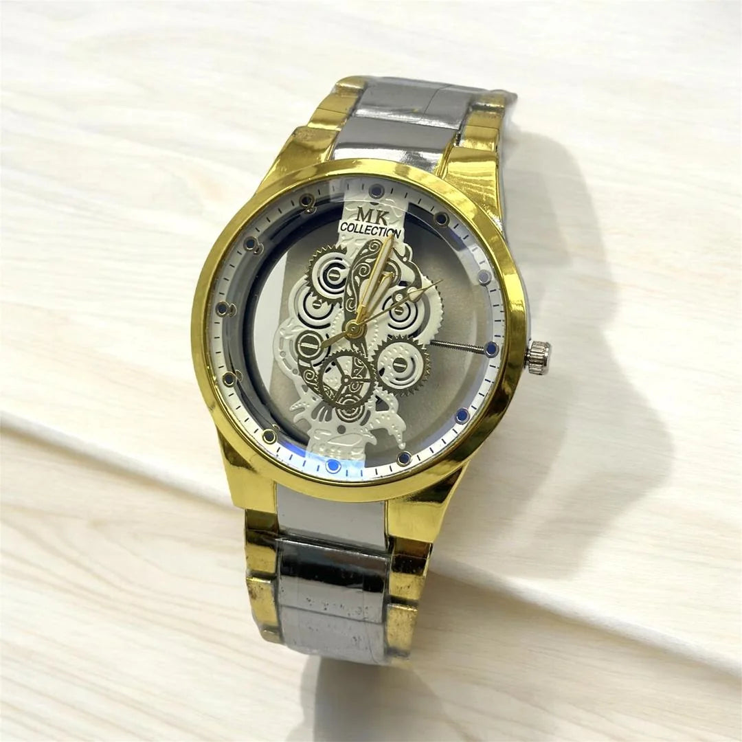 Men's Stainless Steel Watch Gold Silver Chain Strap Transparent Face