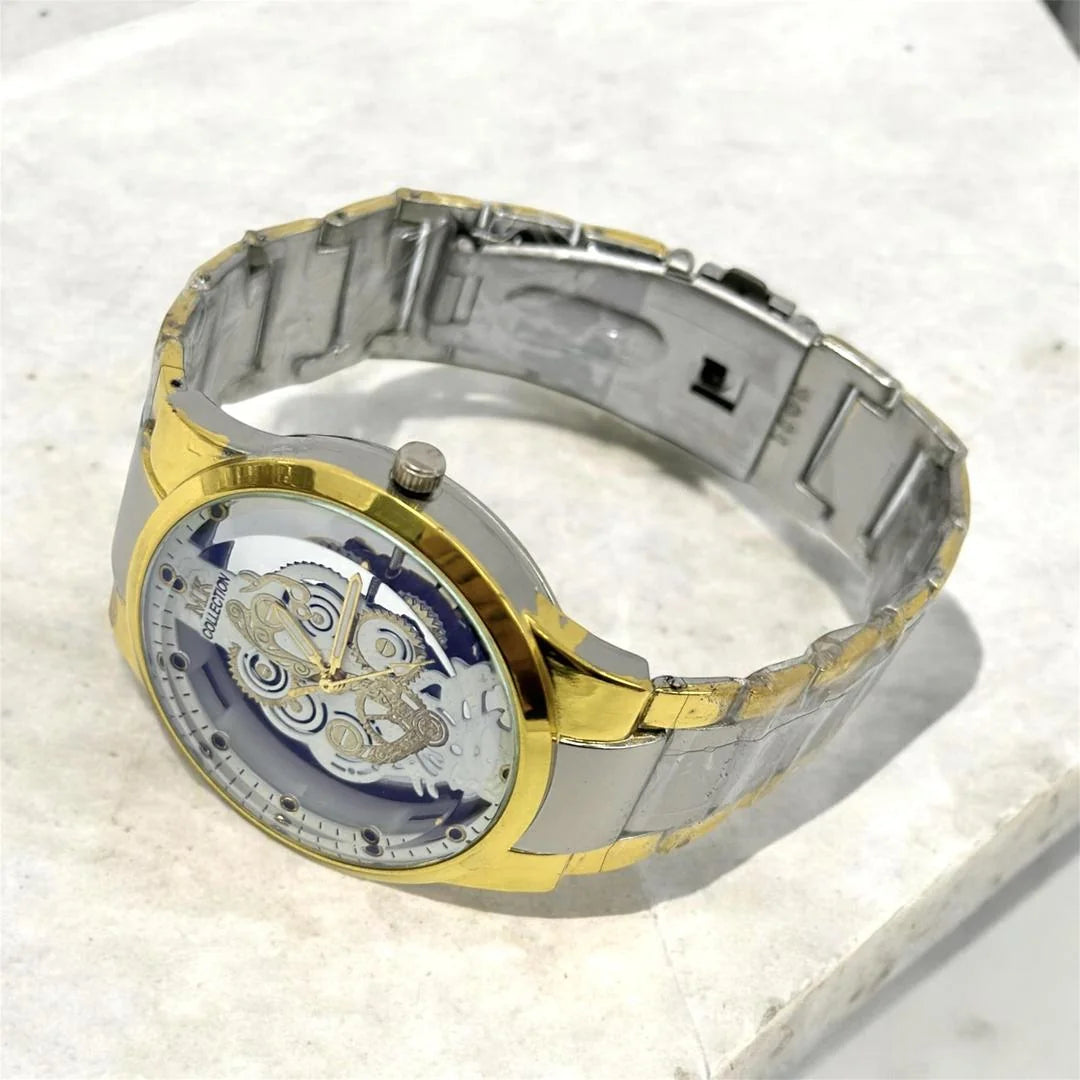 Men's Stainless Steel Watch Gold Silver Chain Strap Transparent Face