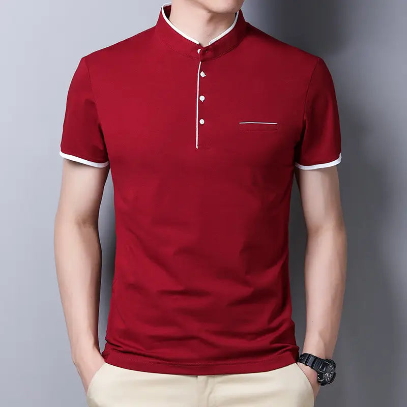 Men Red Collar Short Sleeve Cotton T-Shirt Summer Casual
