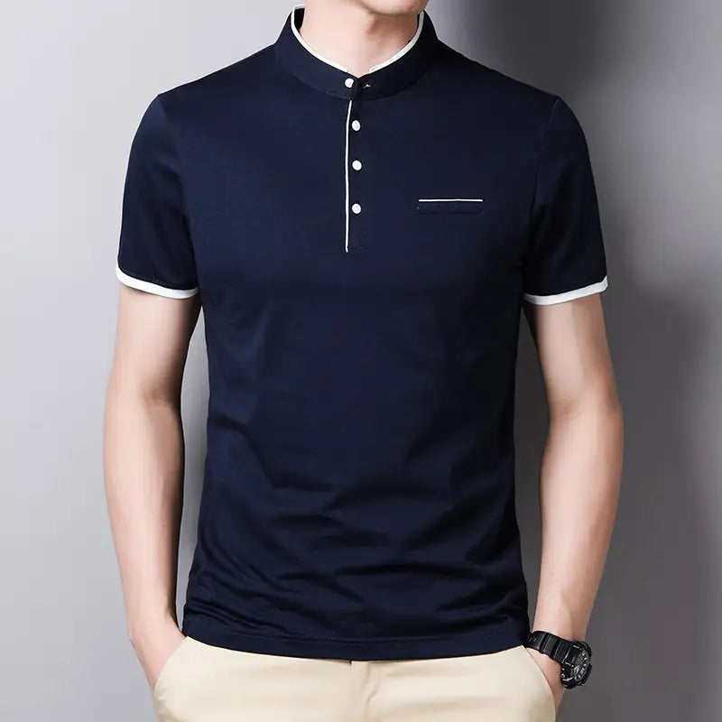 Men Red Collar Short Sleeve Cotton T-Shirt Summer Casual