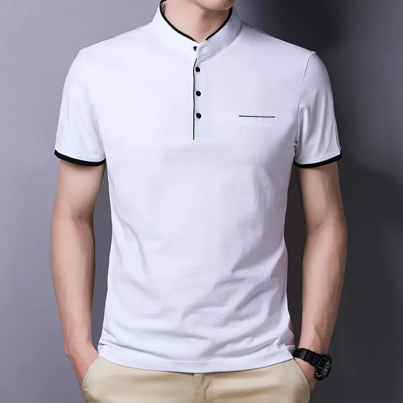 Men Red Collar Short Sleeve Cotton T-Shirt Summer Casual