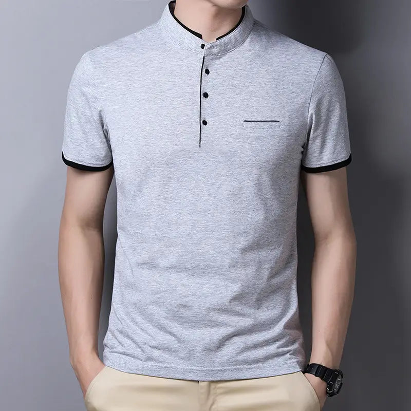Men Red Collar Short Sleeve Cotton T-Shirt Summer Casual