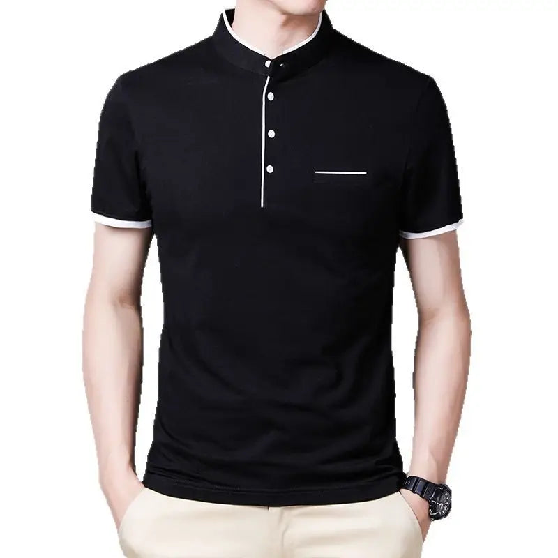 Men Red Collar Short Sleeve Cotton T-Shirt Summer Casual