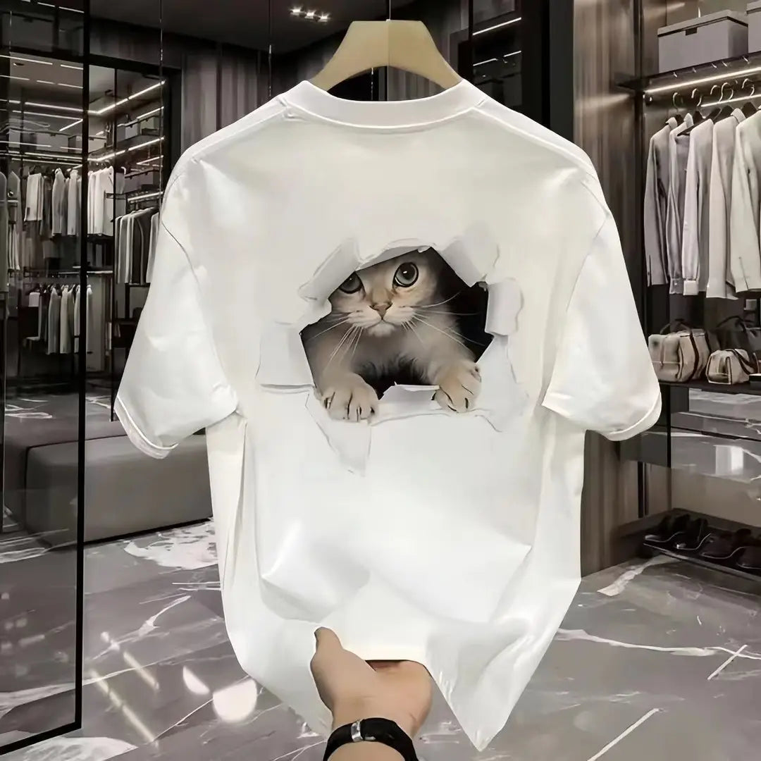 White Cat Print Loose T-Shirt Plus Size Summer