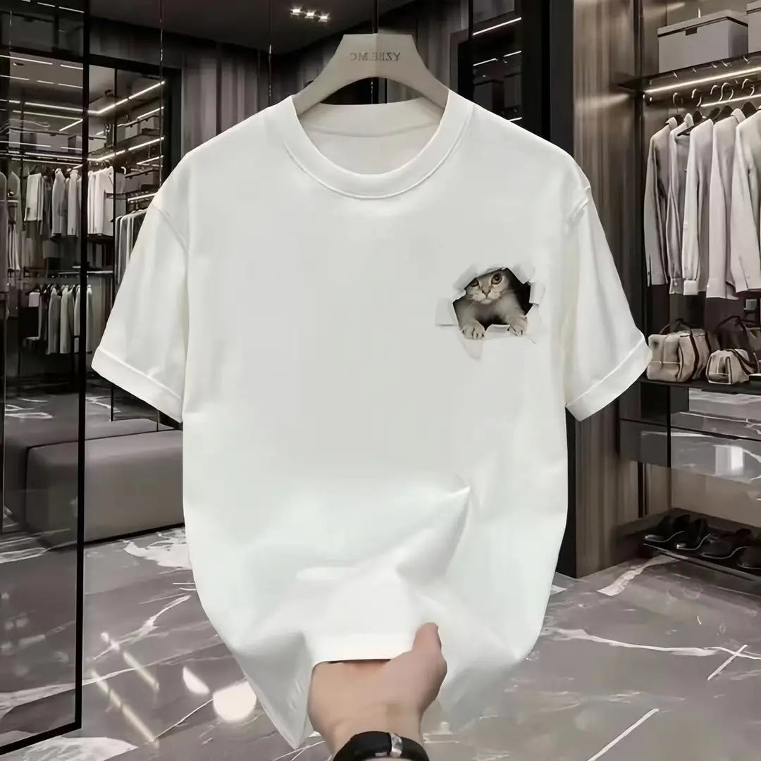 White Cat Print Loose T-Shirt Plus Size Summer