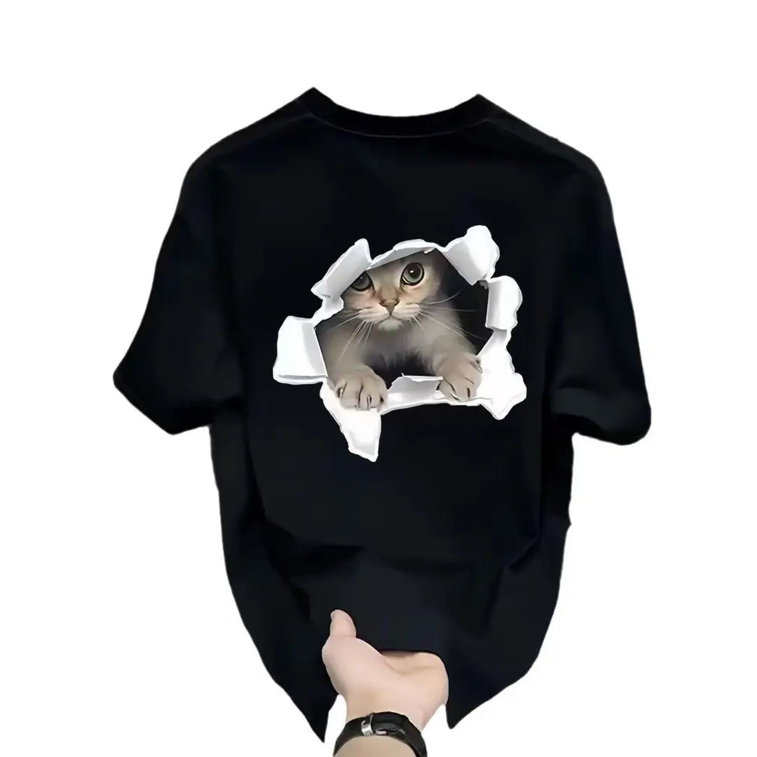White Cat Print Loose T-Shirt Plus Size Summer