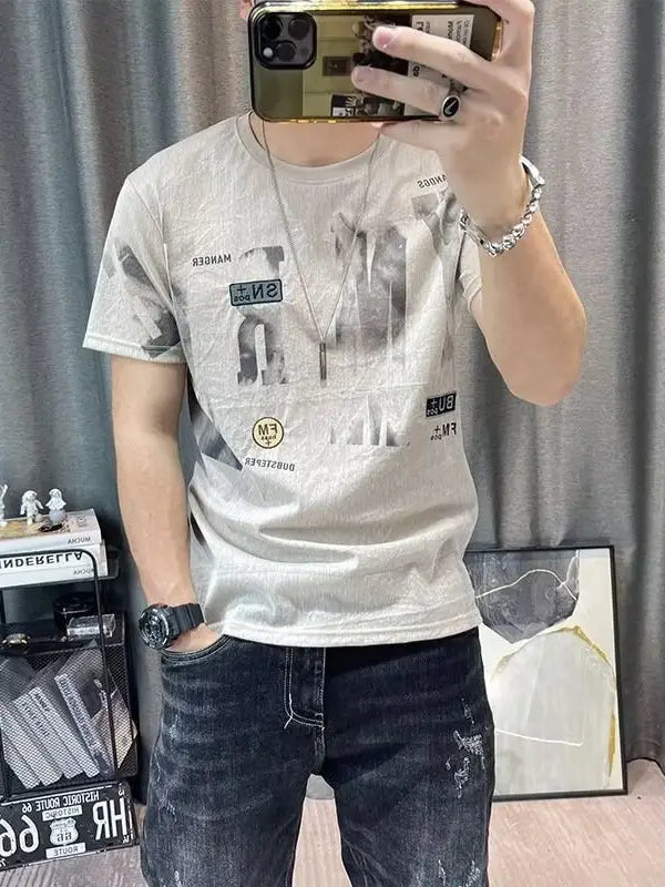 Men Printed Ice Silk T-Shirt Pure White Summer Casual