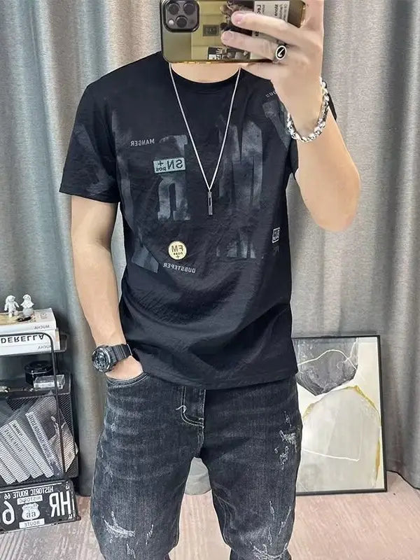 Men Printed Ice Silk T-Shirt Pure White Summer Casual