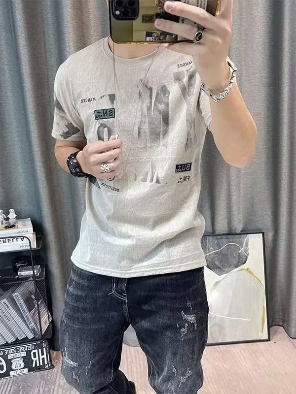 Men Printed Ice Silk T-Shirt Pure White Summer Casual