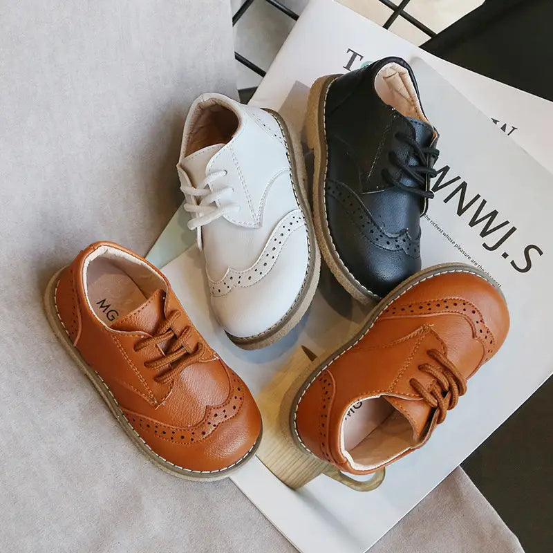 Kids Leather Shoes White Black Brown with Strap