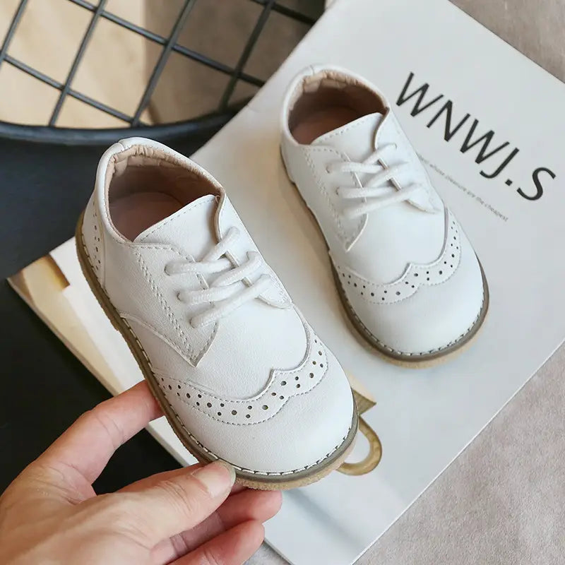 Kids Leather Shoes White Black Brown with Strap