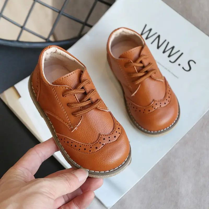 Kids Leather Shoes White Black Brown with Strap