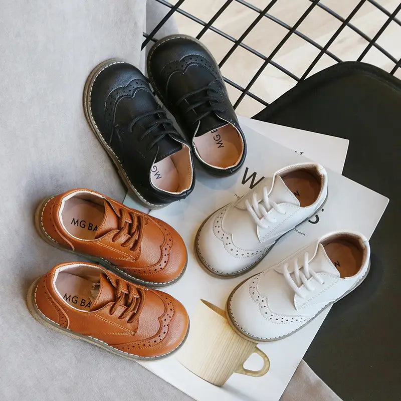 Kids Leather Shoes White Black Brown with Strap