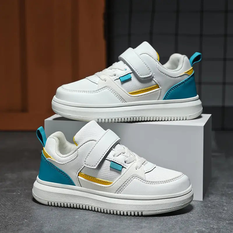 Kids Leather Board Shoes White Sea Blue School Sports Wear