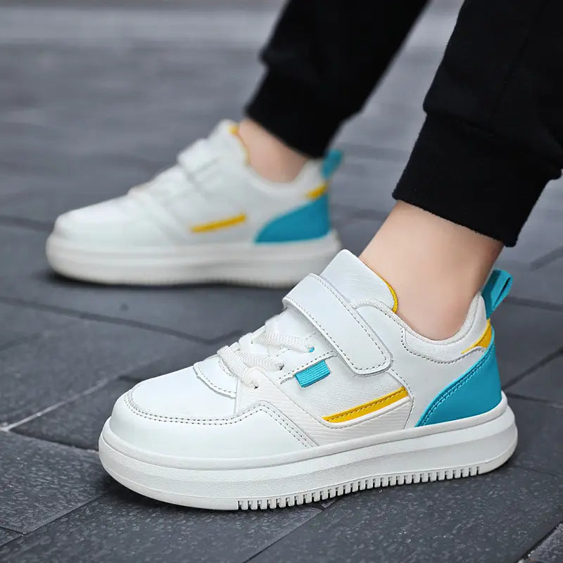 Kids Leather Board Shoes White Sea Blue School Sports Wear