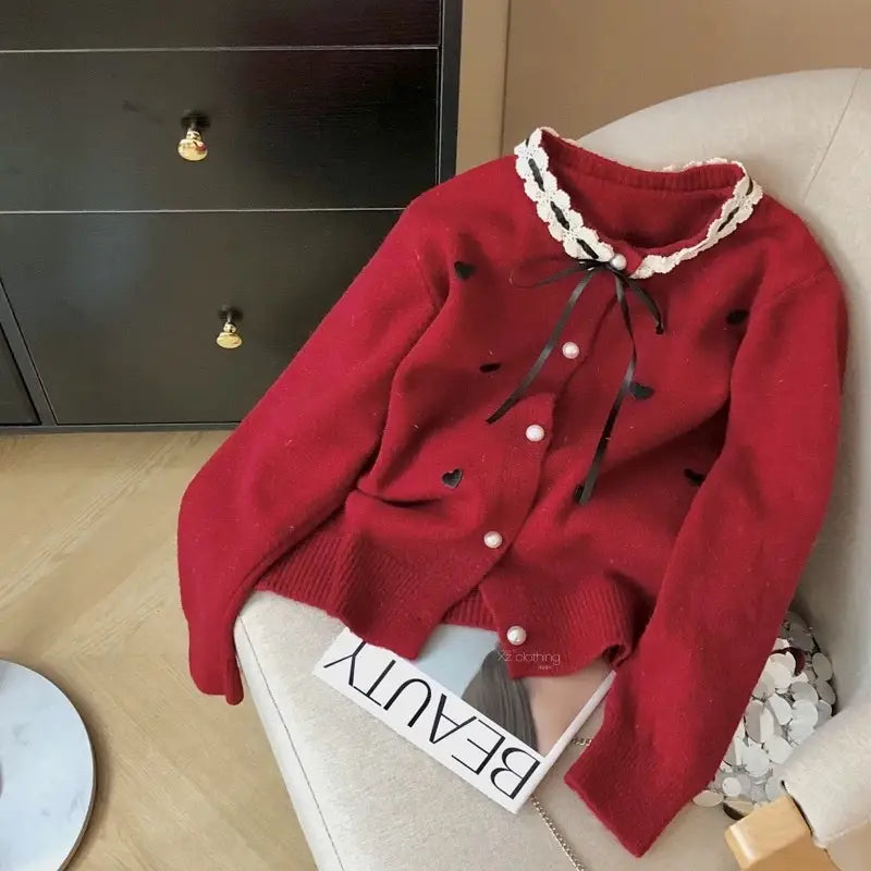 Pink Heart Embroidered Cardigan with Lace Bow
