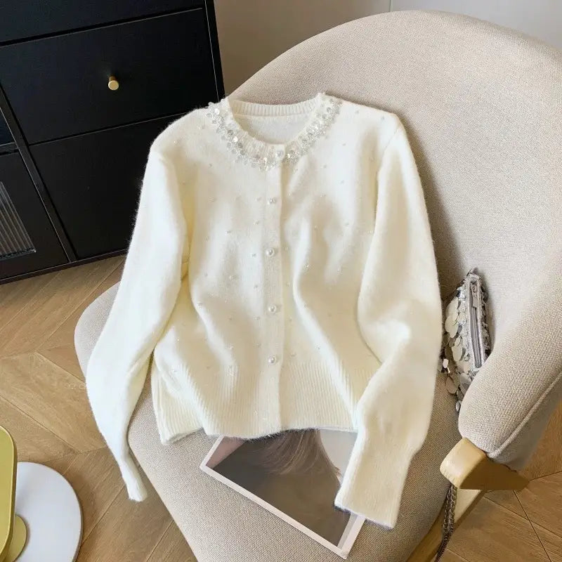 Women's Light Blue Pearl Embellished Cardigan