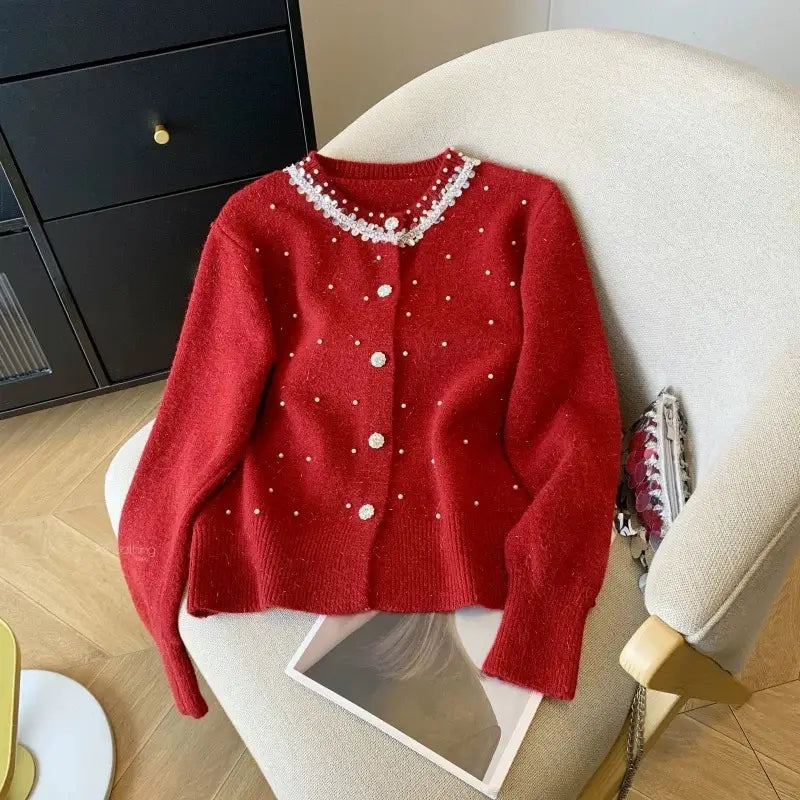 Women's Light Blue Pearl Embellished Cardigan