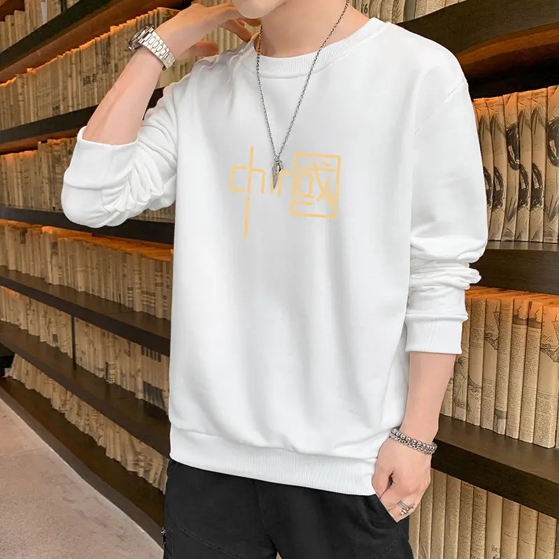 Men Long Sleeve Crew Neck Sweater White Summer