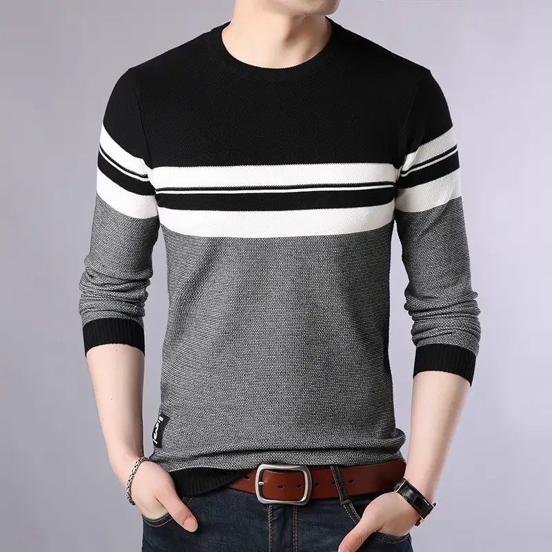 Men Slim Fit Striped Sweater Navy Brown Spring