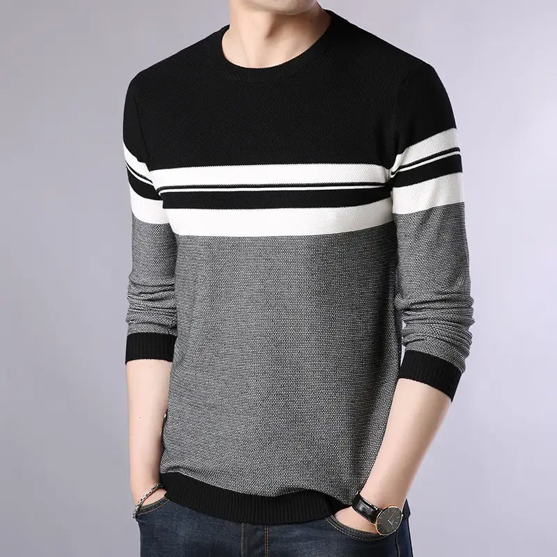 Men Slim Fit Striped Sweater Navy Brown Spring
