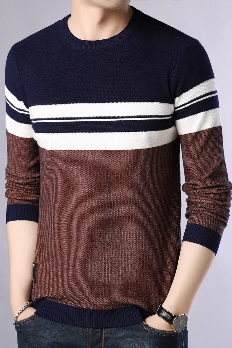 Men Slim Fit Striped Sweater Navy Brown Spring