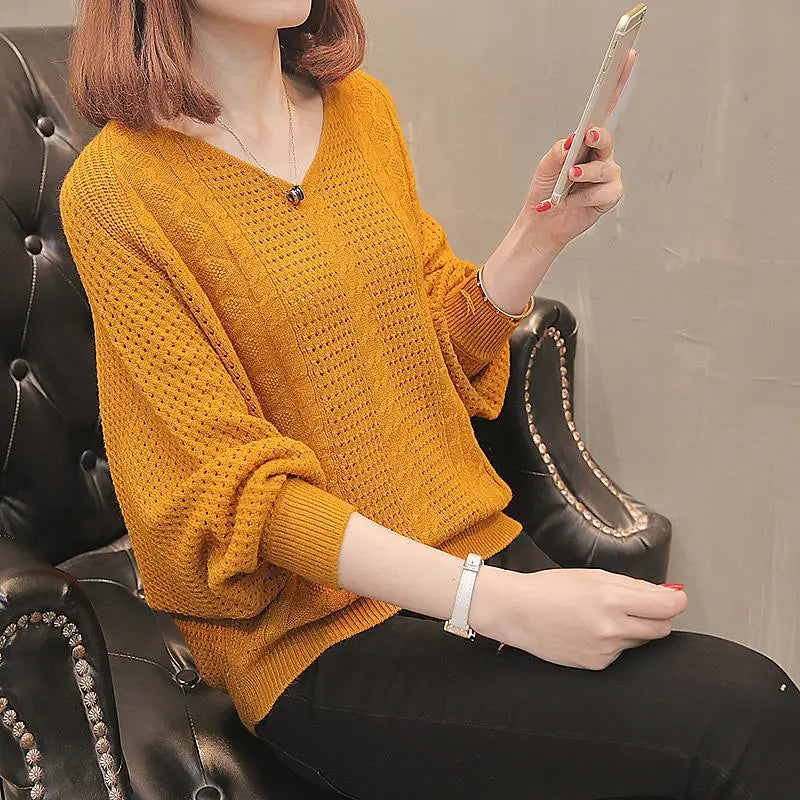 Women Woolen Lantern Sleeve Sweater Khaki Loose Autumn Winter