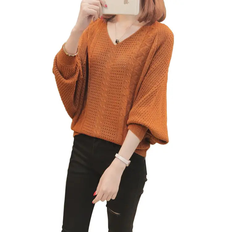 Women Woolen Lantern Sleeve Sweater Khaki Loose Autumn Winter