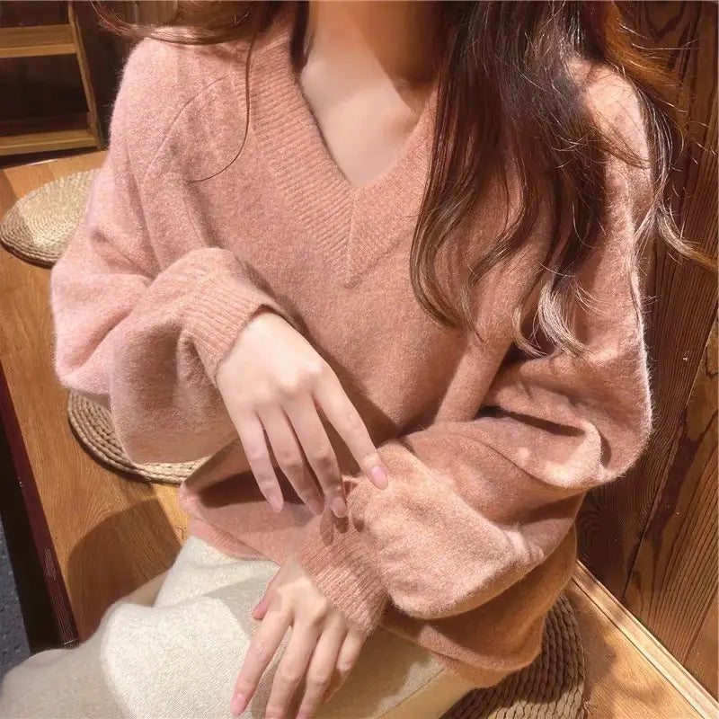 Pink V-neck Loose Sweater Women Winter Long Sleeve