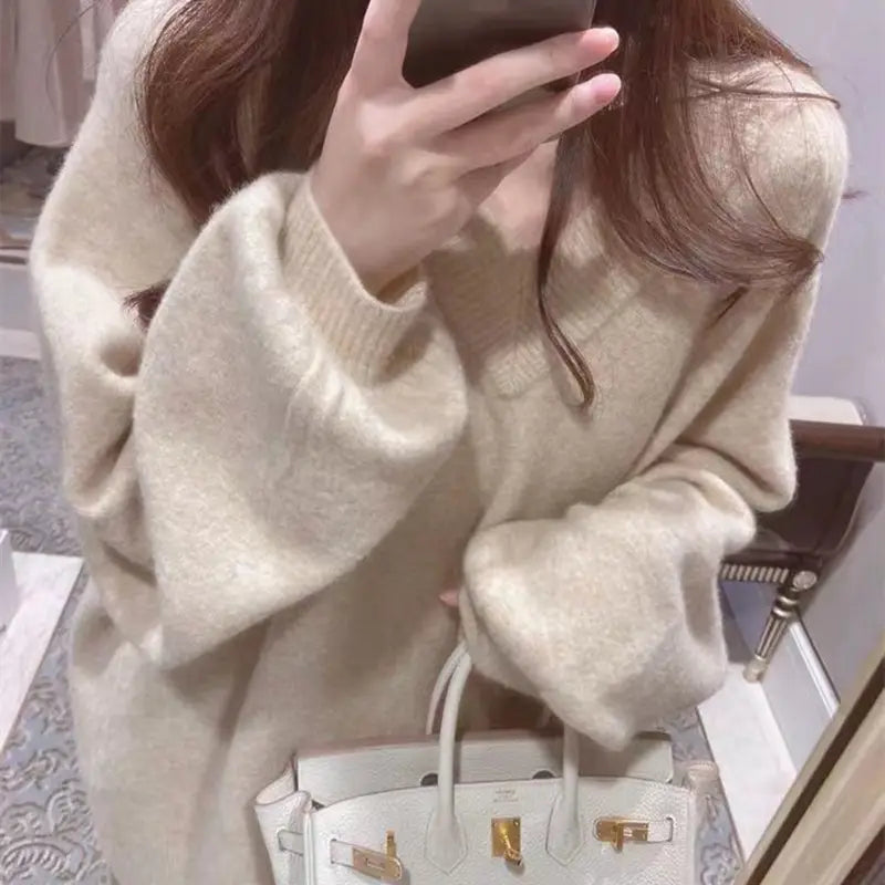 Pink V-neck Loose Sweater Women Winter Long Sleeve