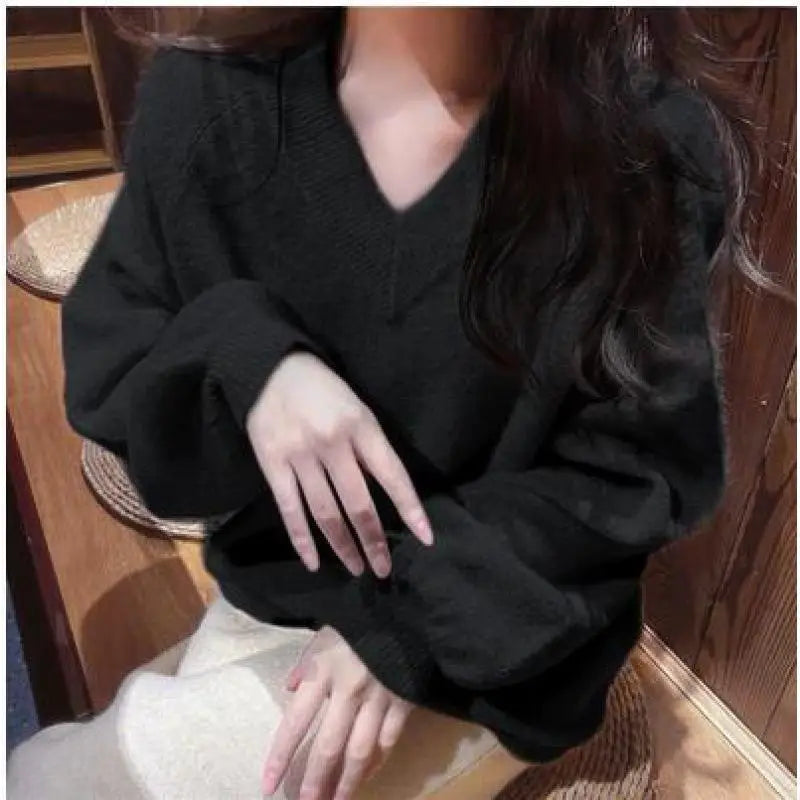 Pink V-neck Loose Sweater Women Winter Long Sleeve