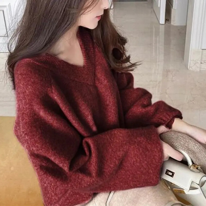 Pink V-neck Loose Sweater Women Winter Long Sleeve